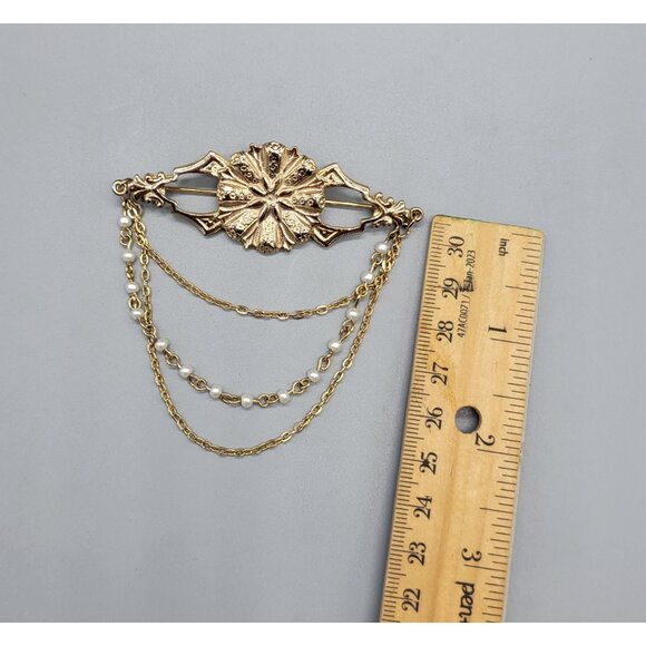 Pakula Signed Gold Tone Layered Dangle Chain Pin Brooch Br1 - Picture 6 of 7